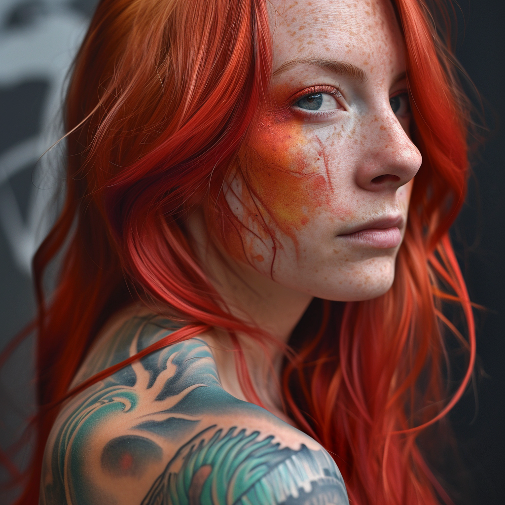 Realistic image of an Instagram model with red hair and tattoos