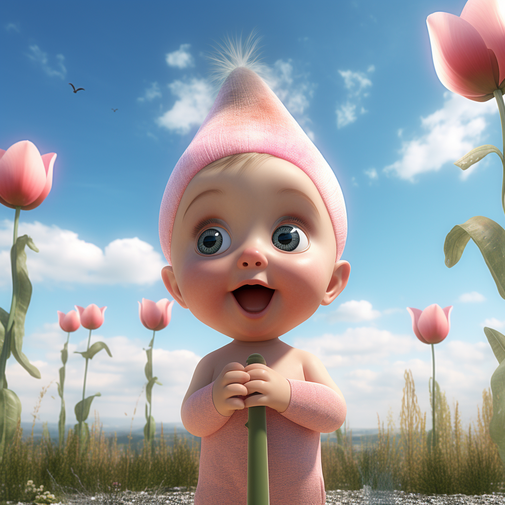 Cute Baby with Big Eyes and Pink Tulip