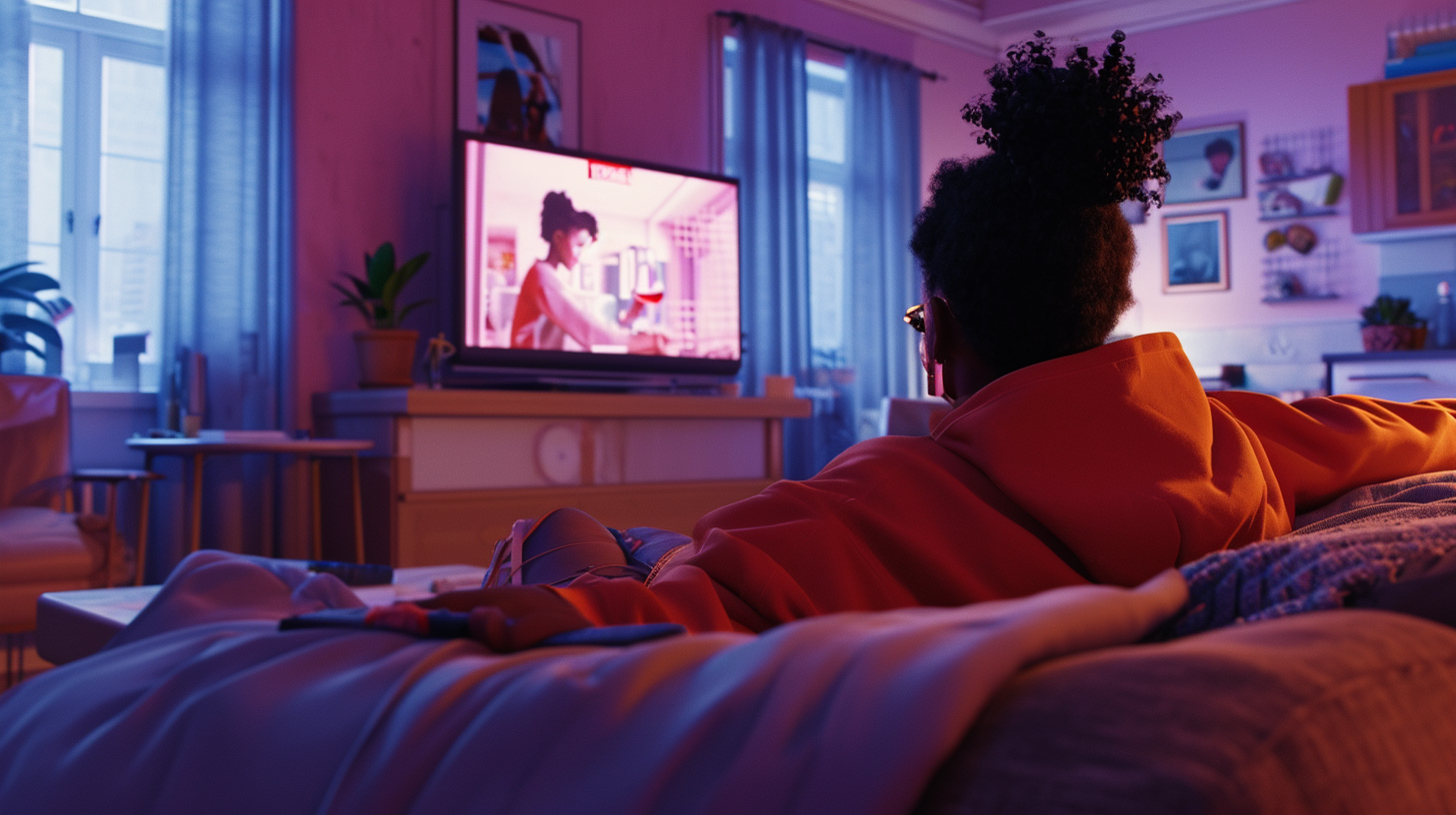 Hyper Realistic Fantasy Environment with Black Woman Watching TV