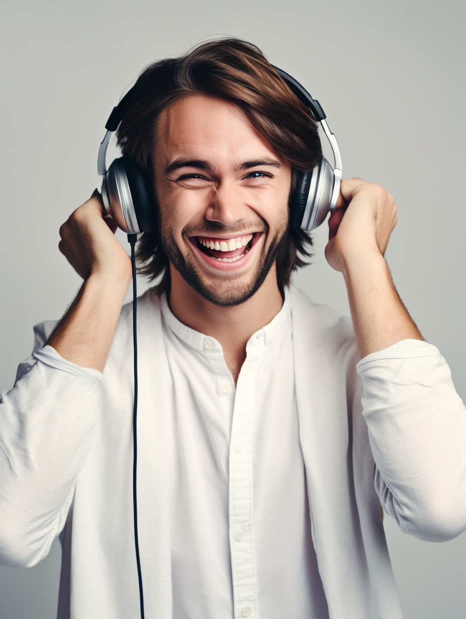 Happy man wearing Sennheiser HD 25 headphones