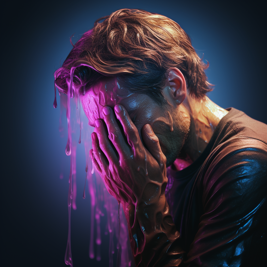 Man crying into hands in vapor wave background