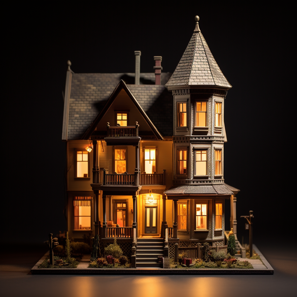 Detailed Victorian dollhouse with lights