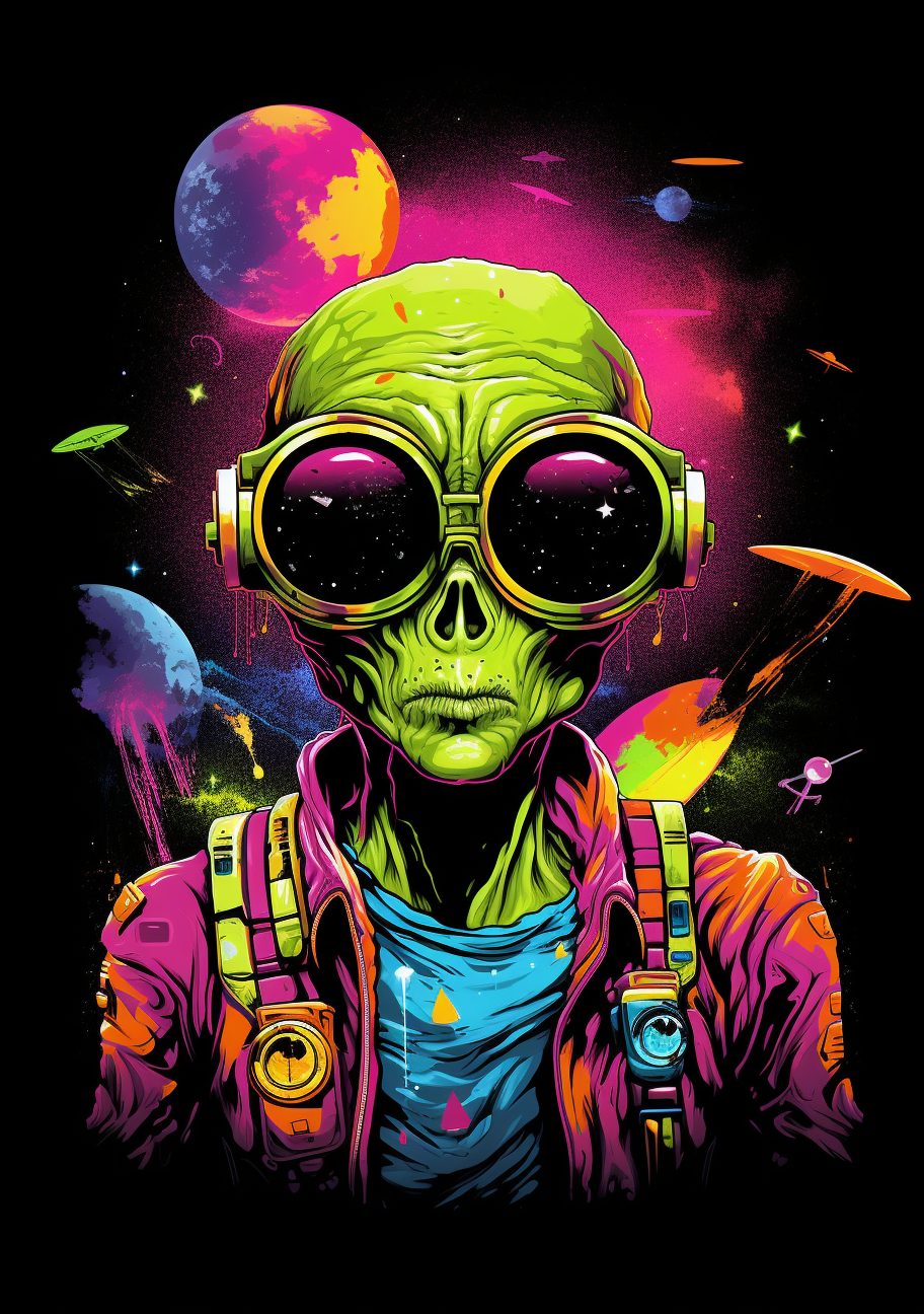 Cartoon alien illustration in hyper-realistic pop-art style