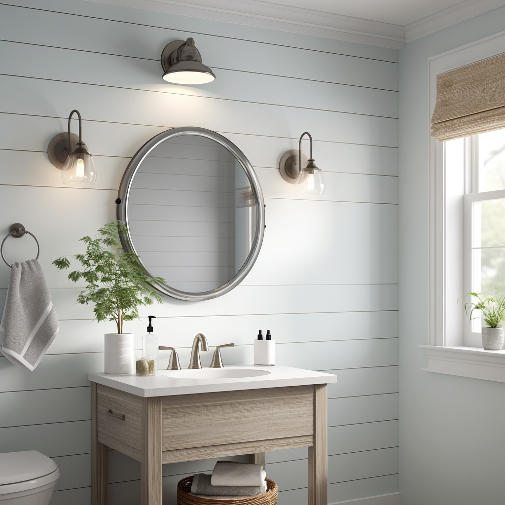 Shiplap Bathroom with Sconce Lighting