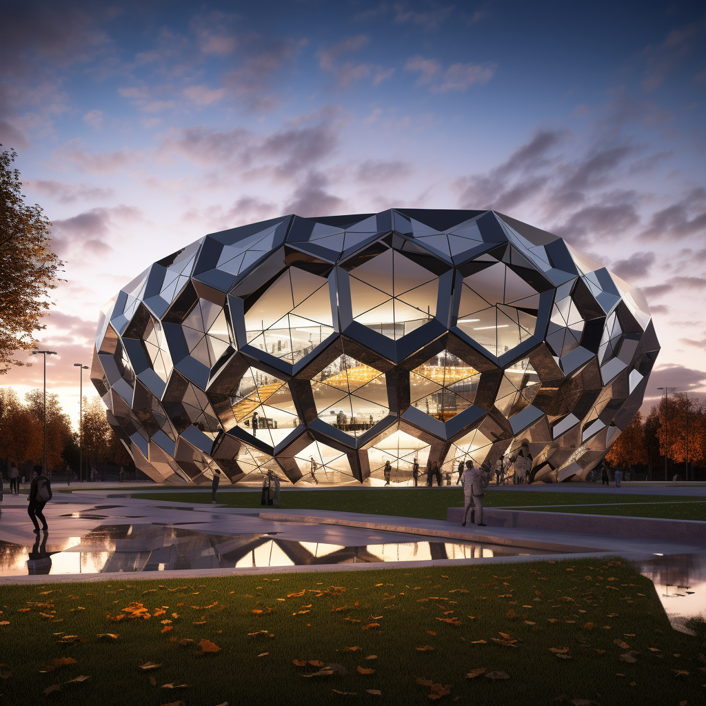 Exterior view of hyper-realistic steel lattice building