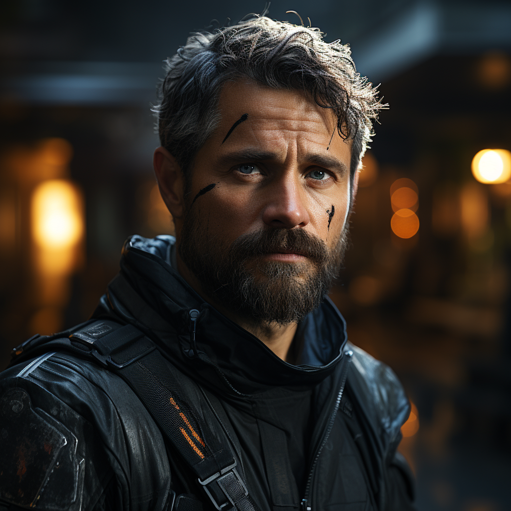 Young man with beard and dark hair in hyper-realistic sci-fi style