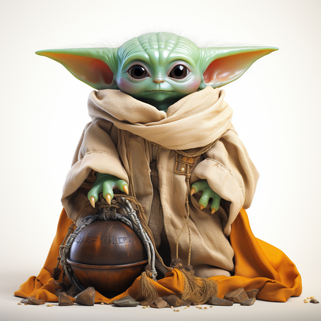 Hyperreal Baby Yoda with vibrant colors on a white background