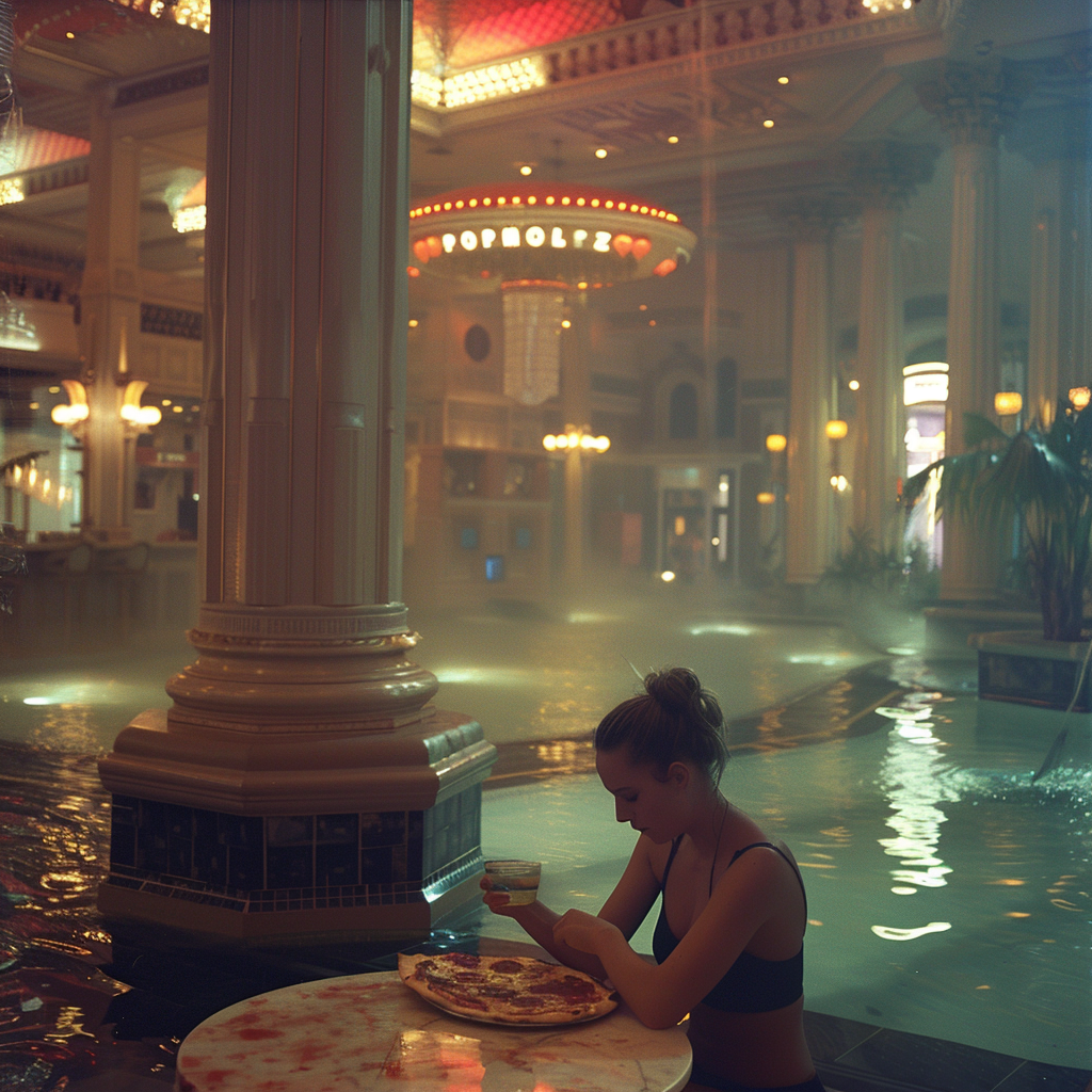 Woman Eating Pizza in Casino