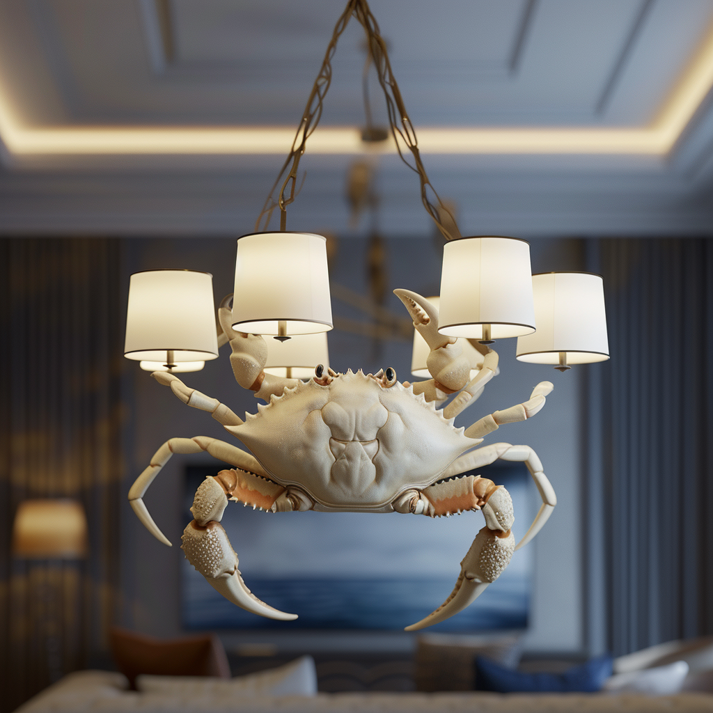 Hyperrealistic crab clinging to modern chandelier