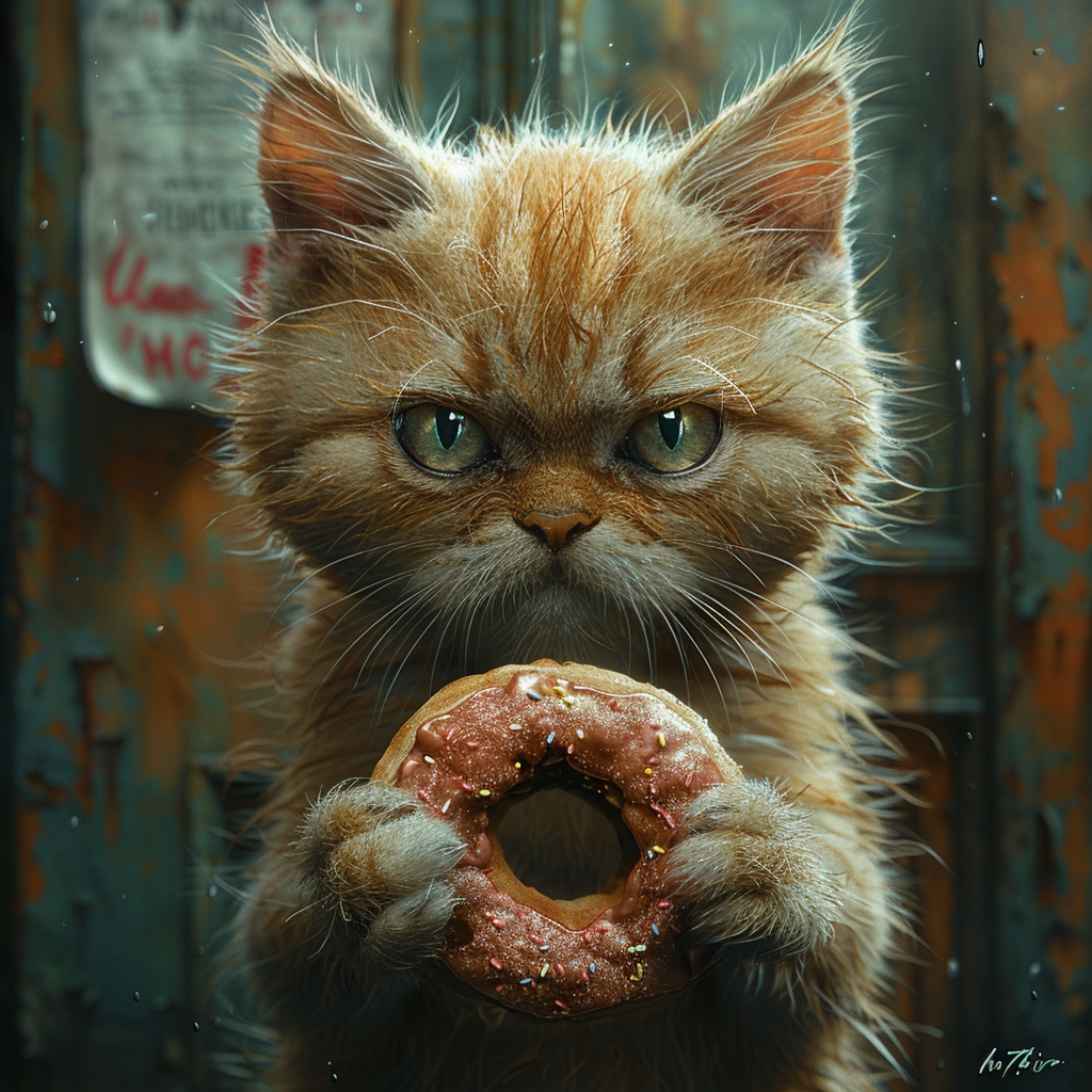 Cat holding donut mug shot