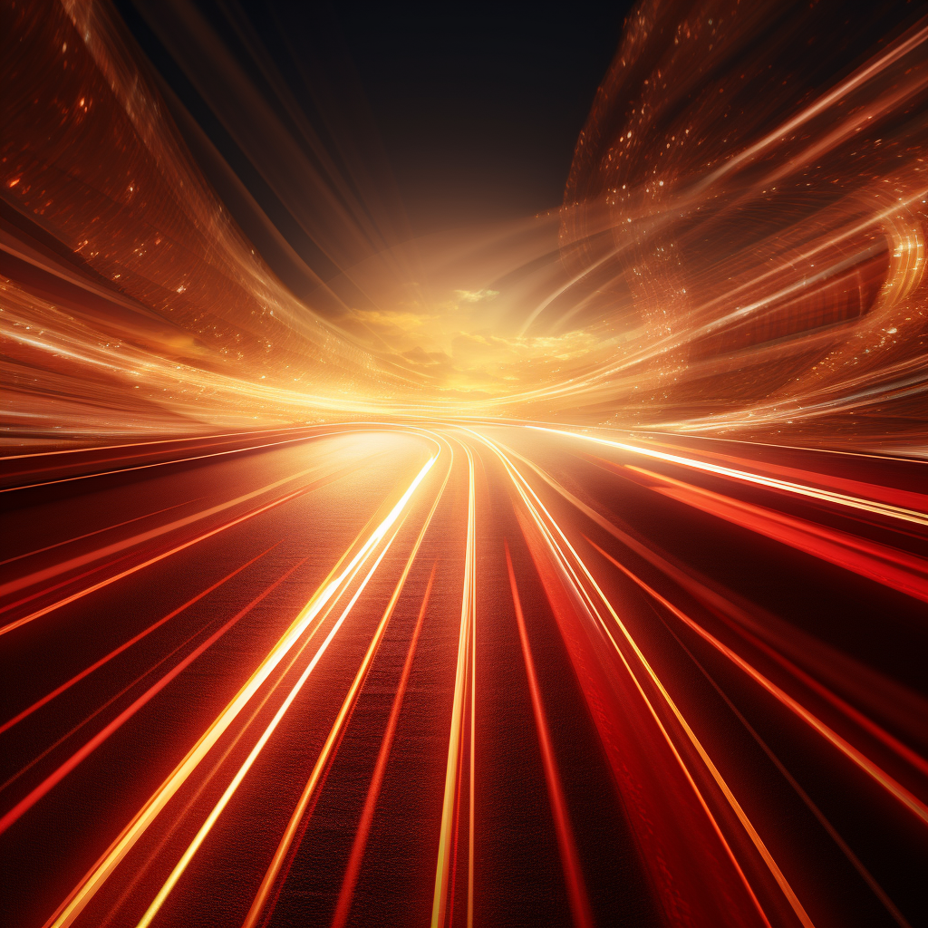 Hyperrealistic highway backdrop with red and gold light rays