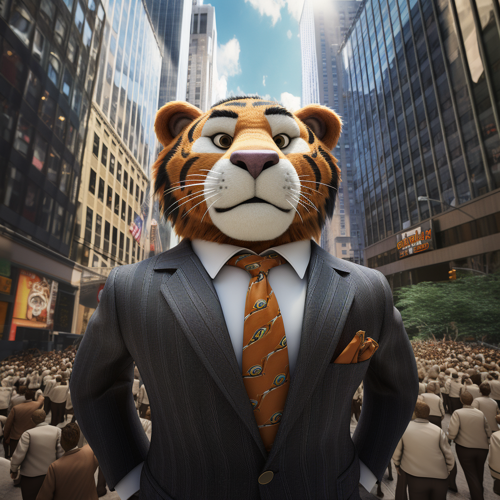 Hyperrealistic image of Tony the Tiger in a suit