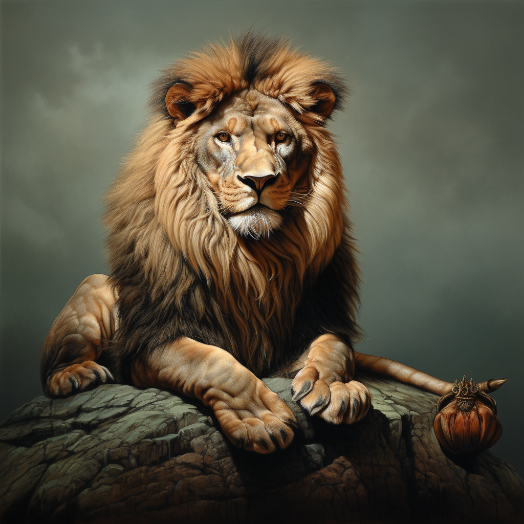 Lion sitting with turtle in hyperrealistic art