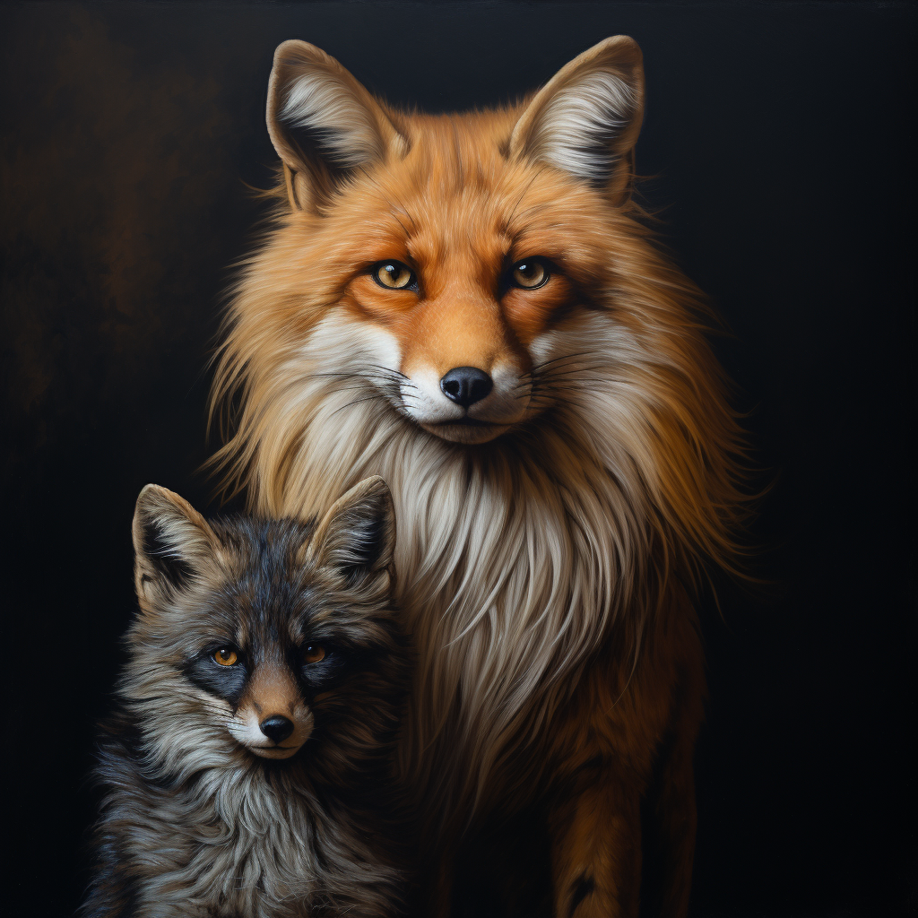 Hyperrealistic old cat with young fox