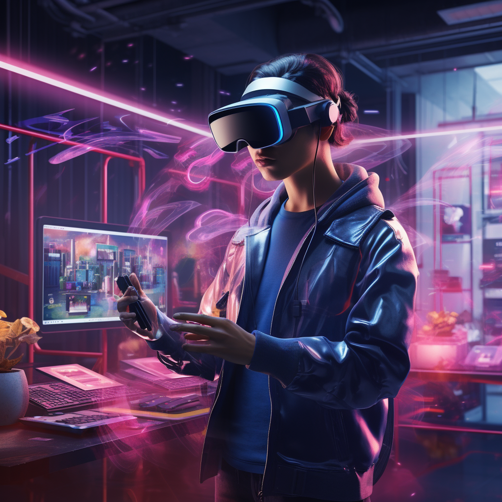 Person using Vision Pro AR headset in futuristic scene