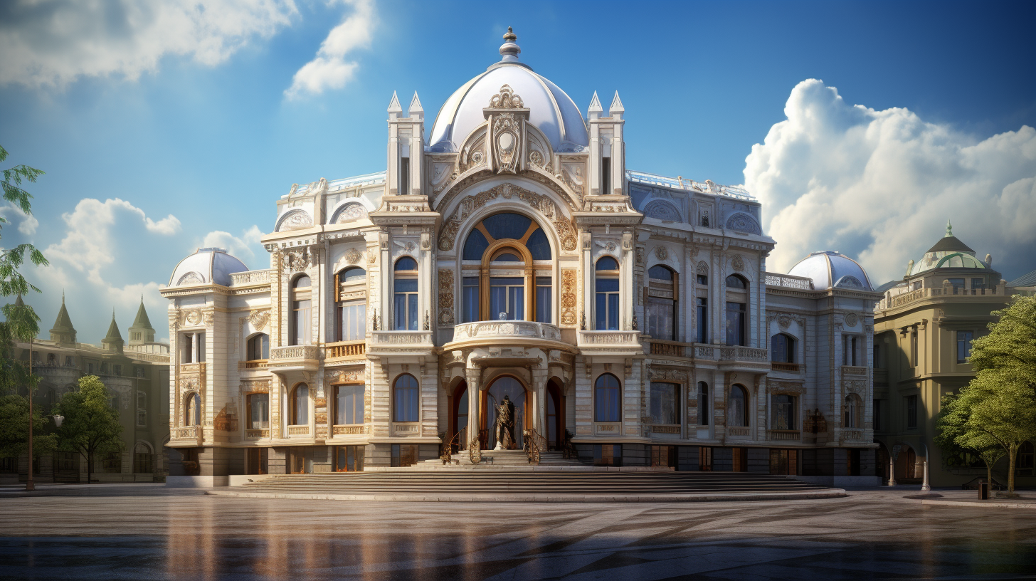 Hyperrealistic theater building in Russian-Avangard style