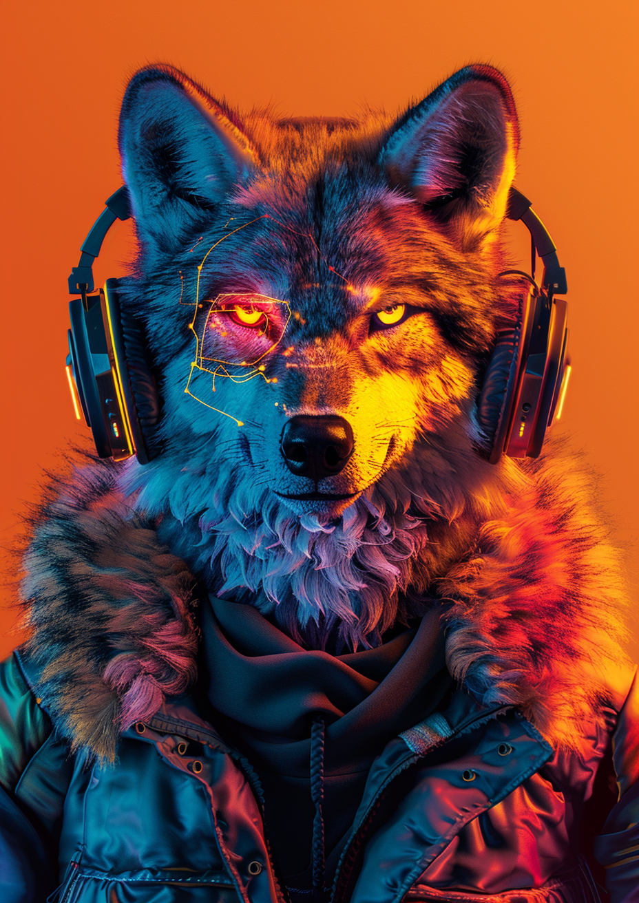 hyperrealistic wolf in cyberpunk jacket