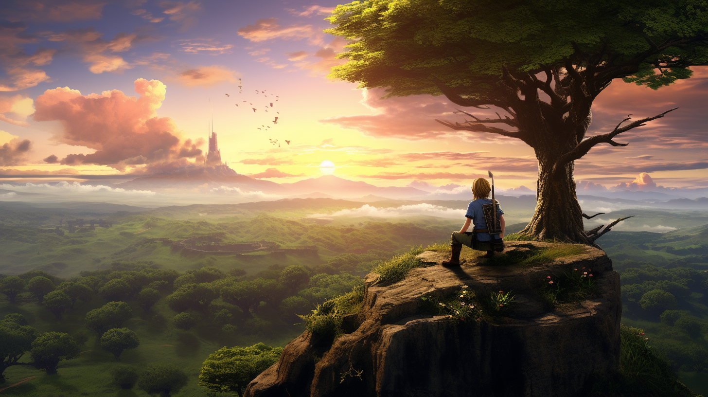 Legend of Zelda contemplating Hyrule's land at sunset