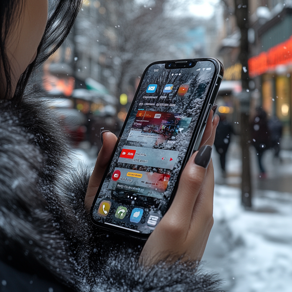 iPhone 13 showing Reddit news, held by black-haired woman.