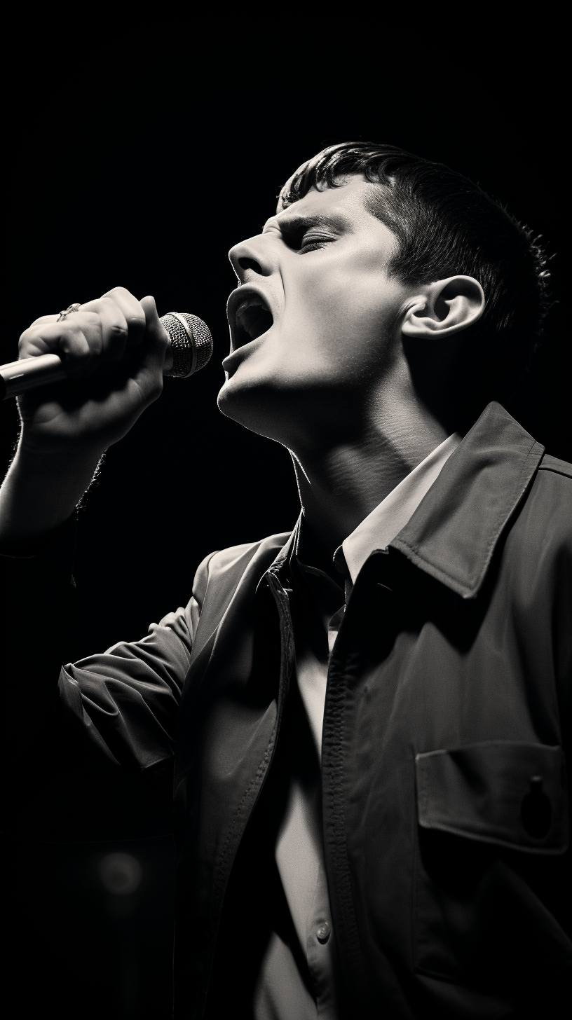 Professional portrait of Ian Curtis singing into microphone