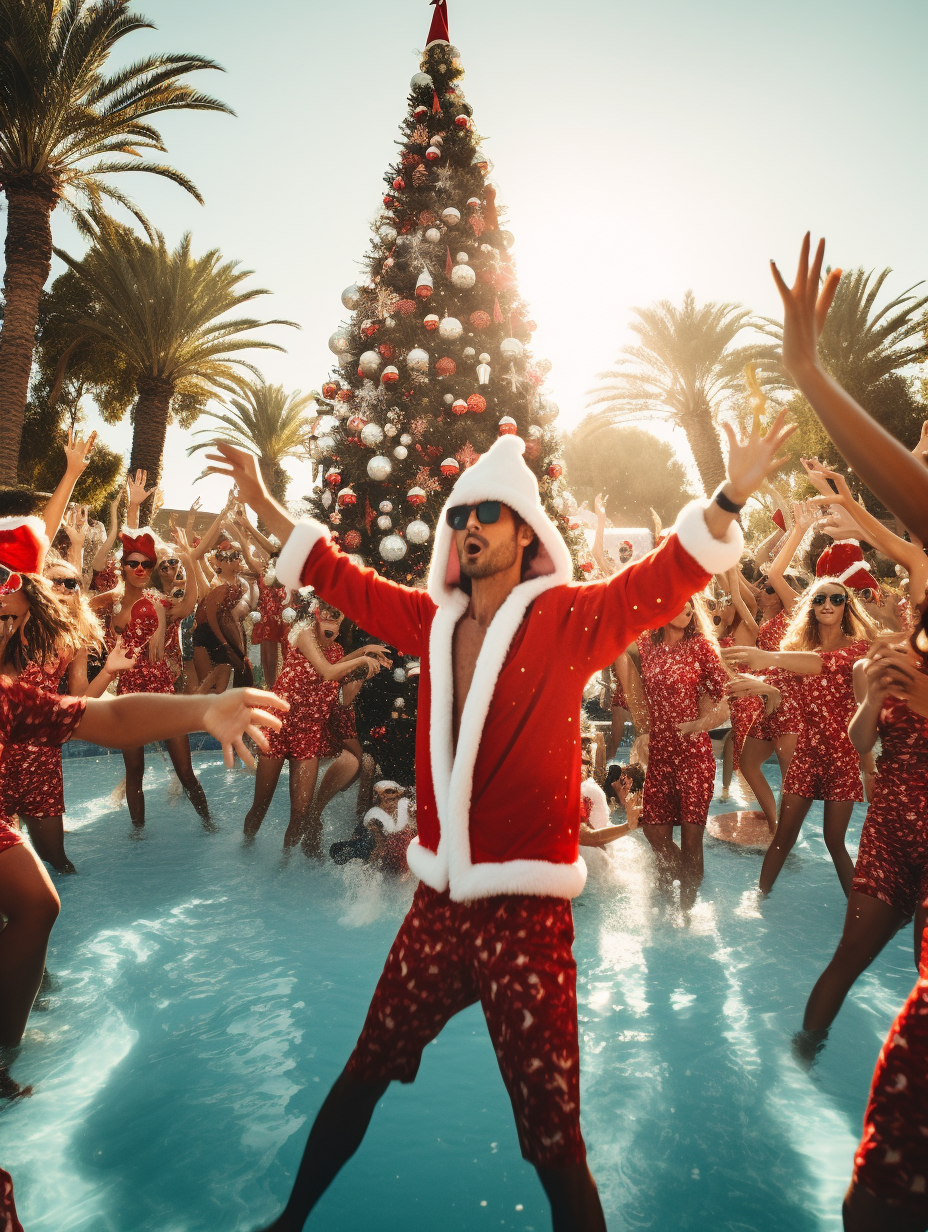 Ibiza Pool Party with Dancing People and Christmas Trees