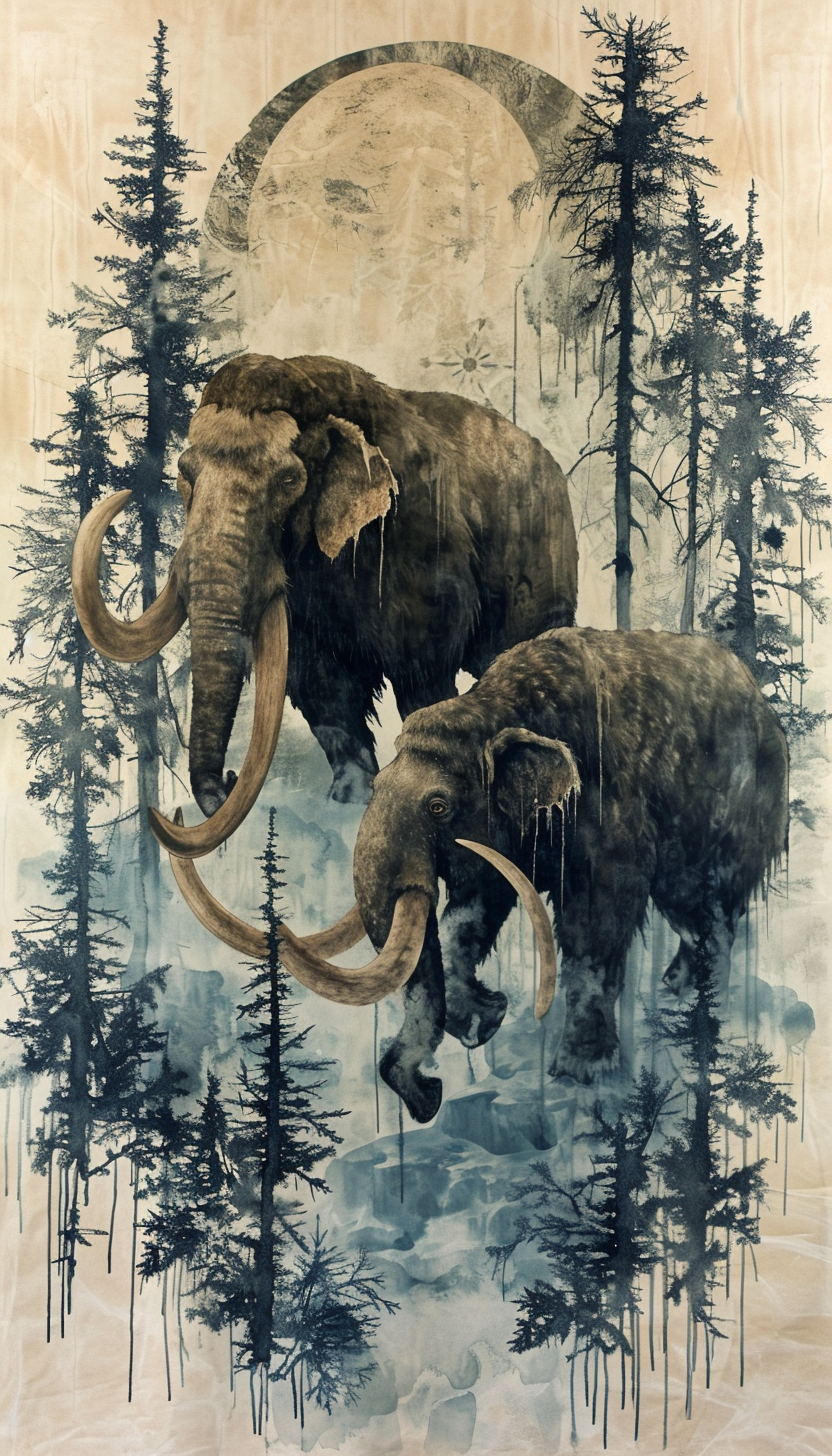 Ice Age Majesty Woolly Mammoth Silhouettes Watercolor