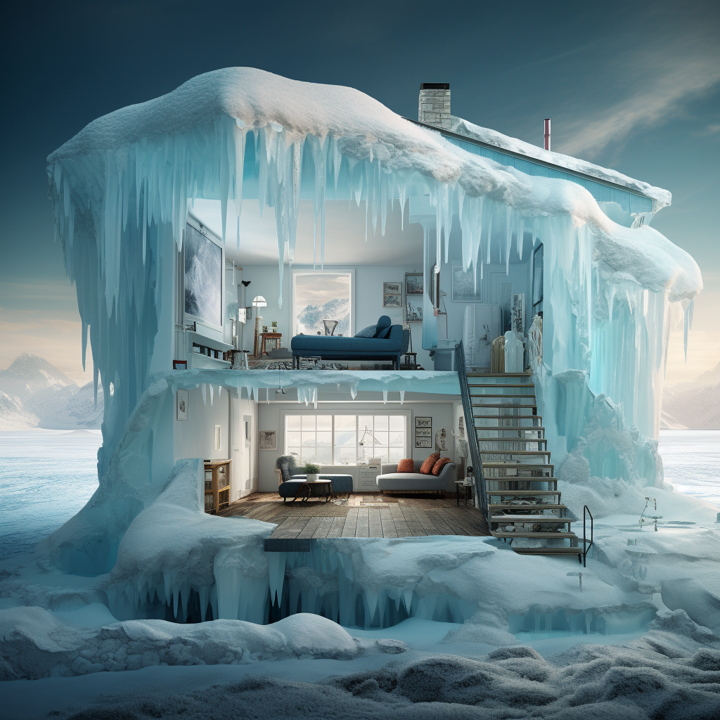 A stunning house surrounded by ice and snow