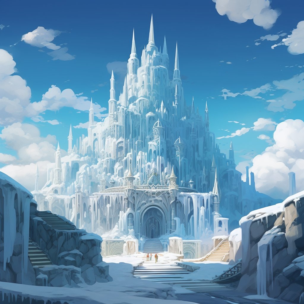 A stunning ice castle in Studio Ghibli style