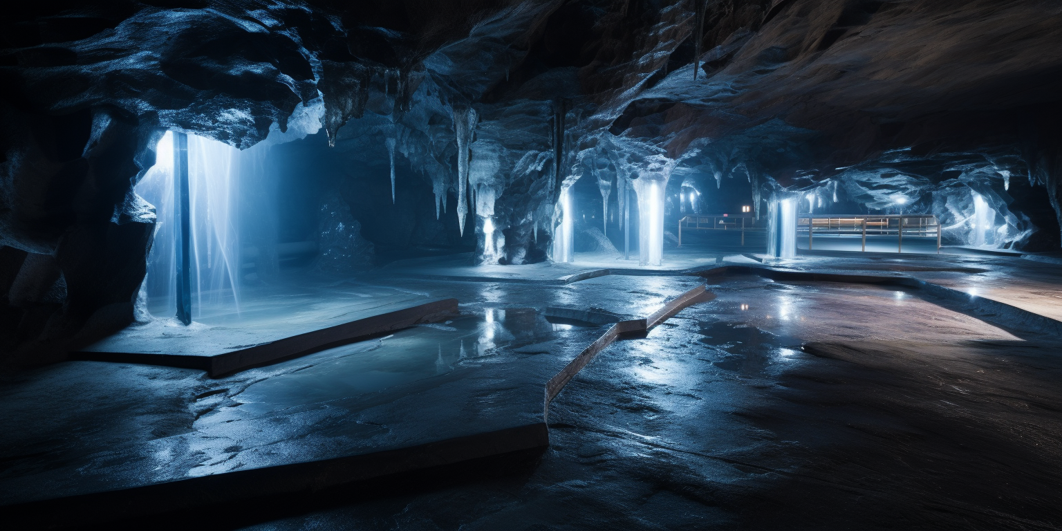 Majestic Ice Cave with Central Metal Platform