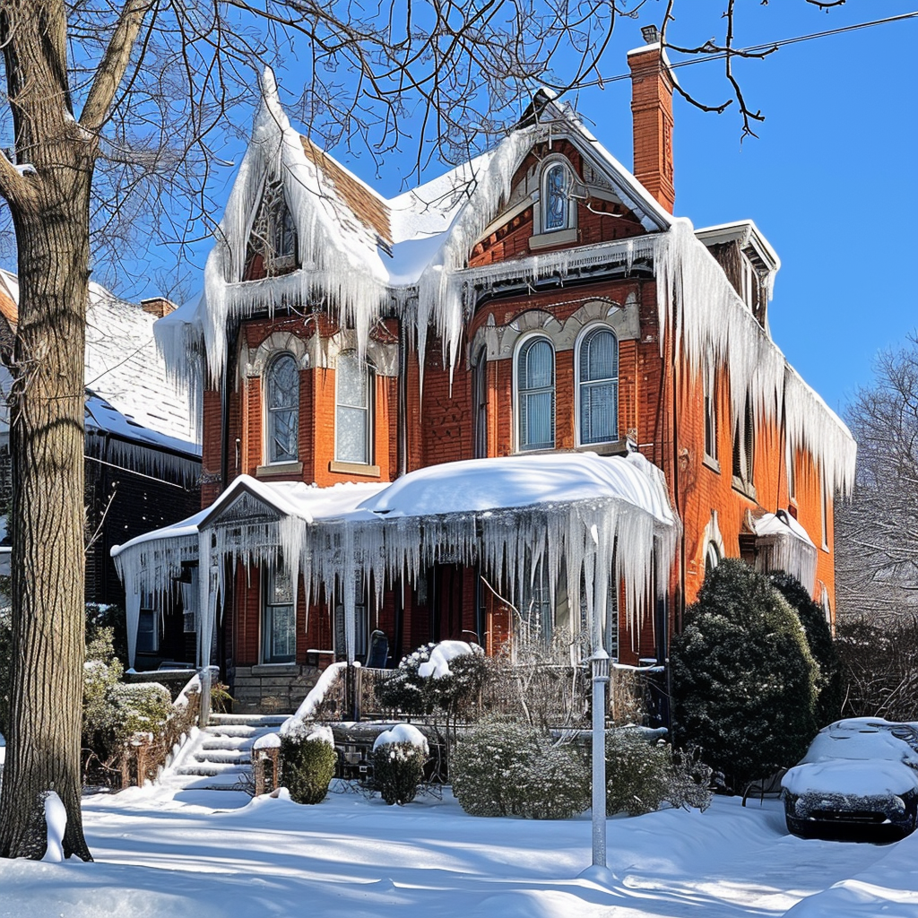 Ice covered red brick house