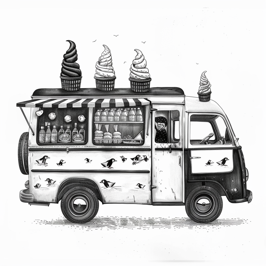 Penguins operating ice cream truck