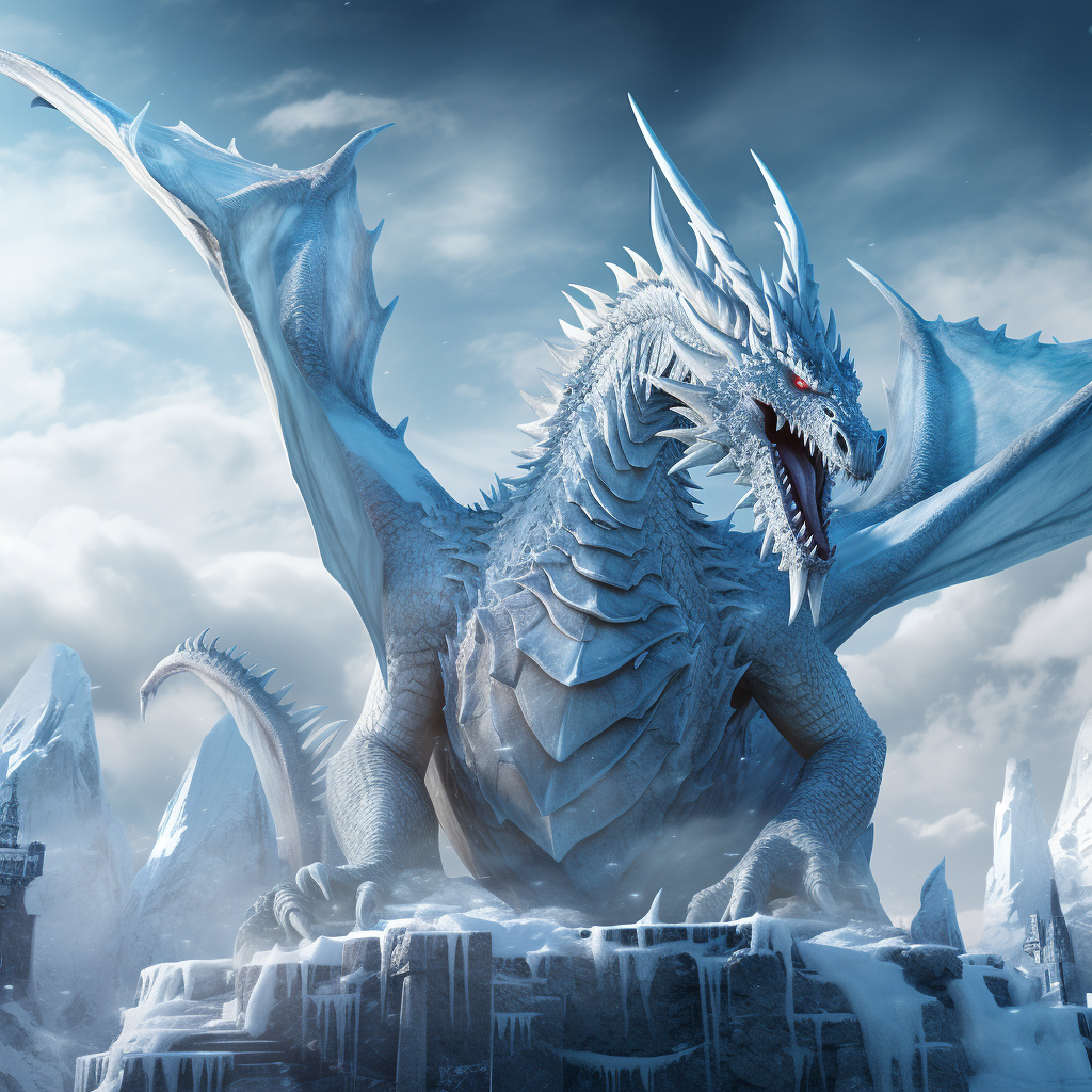 Majestic ice dragon crawling on a snowy castle