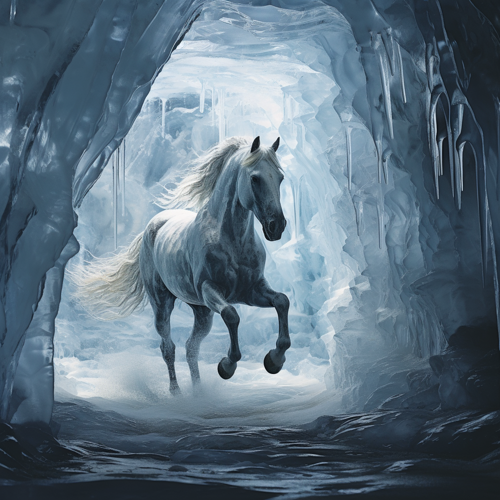 Majestic ice horse in crystal cave