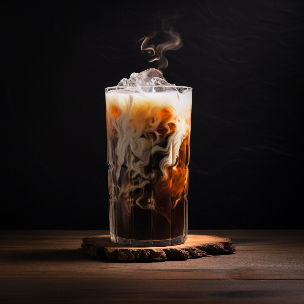 Refreshing iced coffee in glass with milk