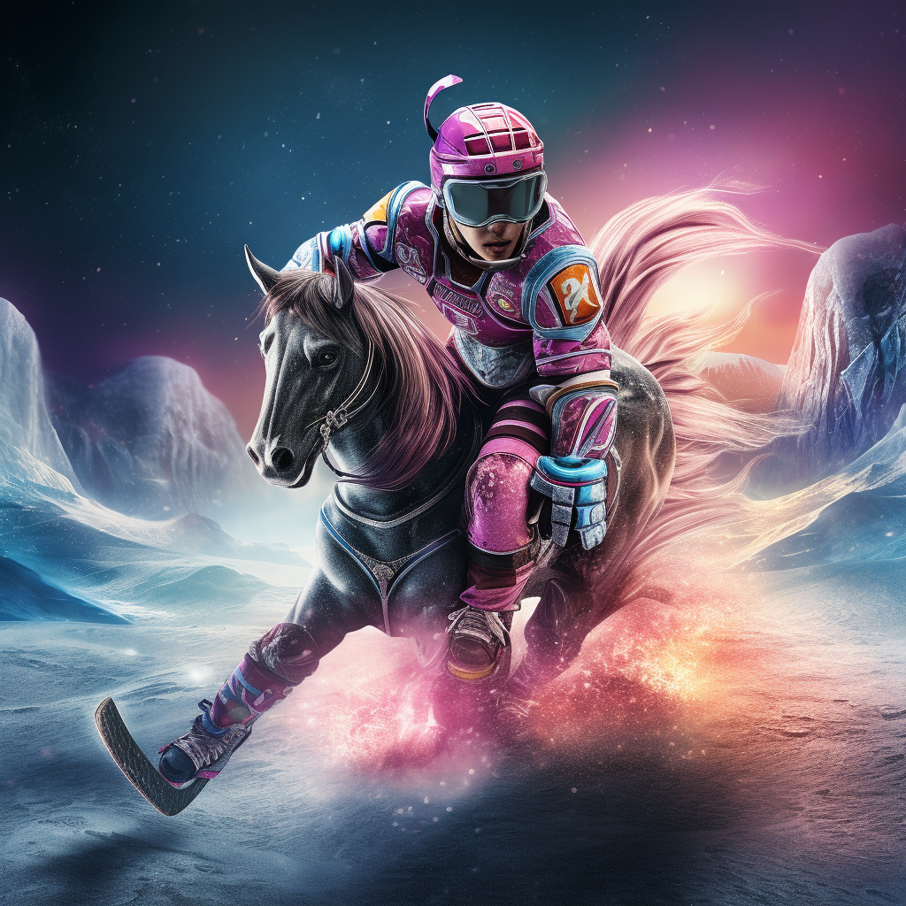 Ice hockey player riding unicorn on moon