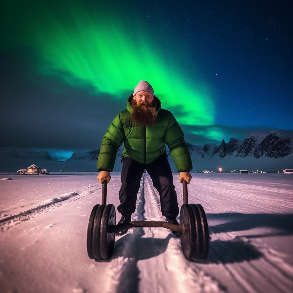 Bald Bearded Icelandic Man Deadlifting in Icy Mountain