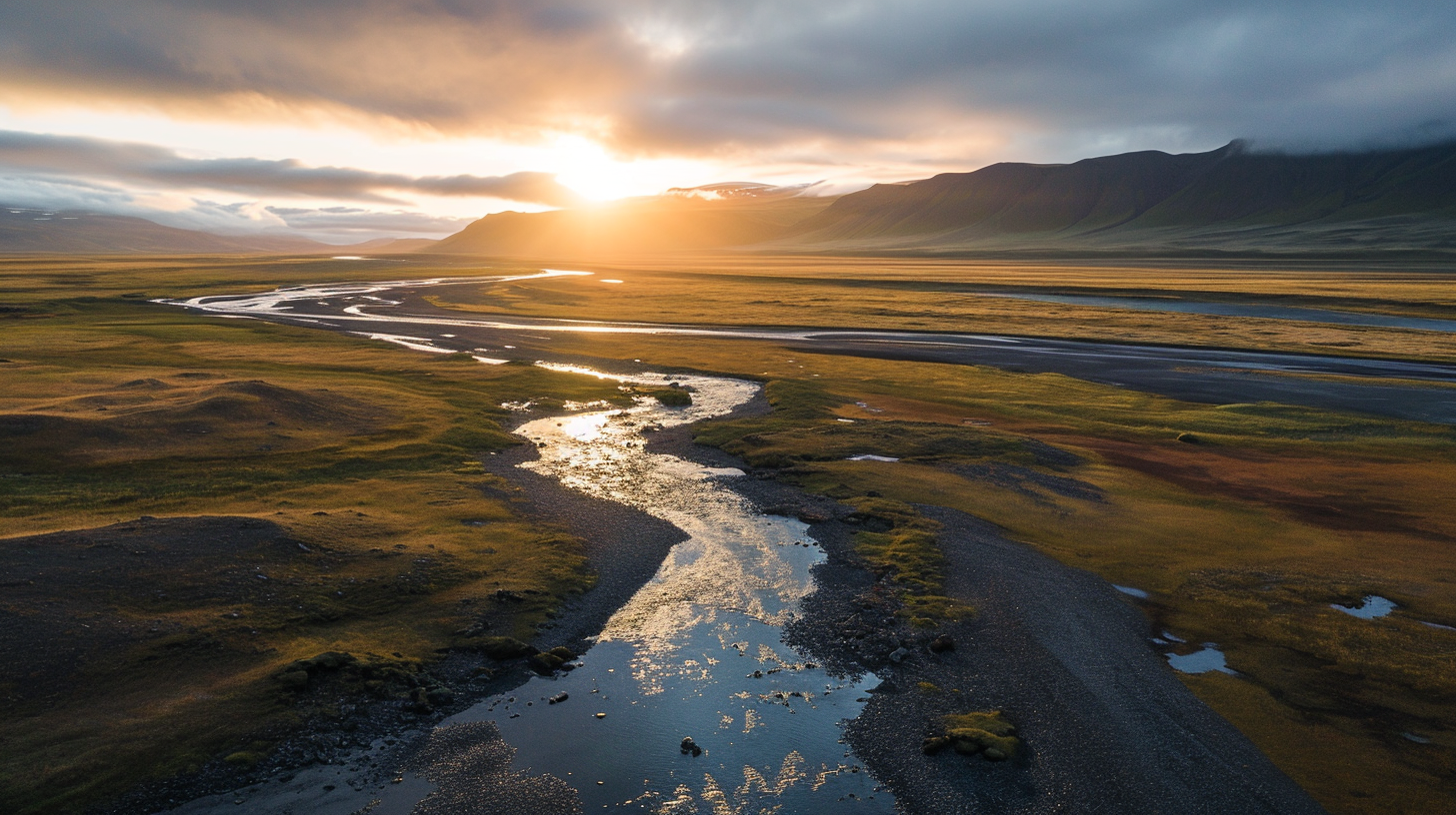 Icelandic nature autumn dawn drone shot