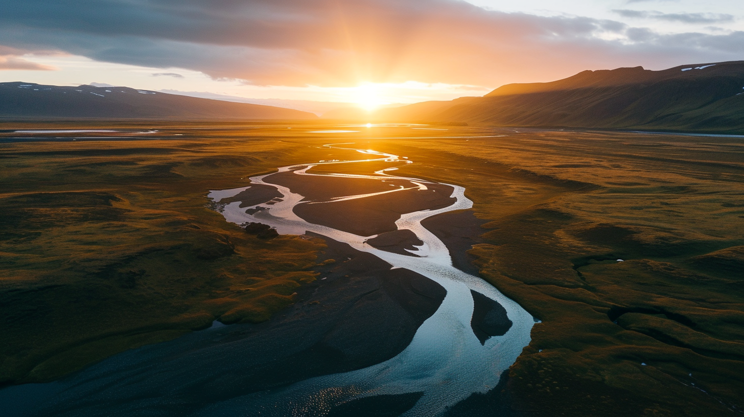 Icelandic nature drone shot at sunset