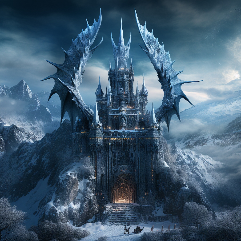 Beautiful icy castle with ice dragon