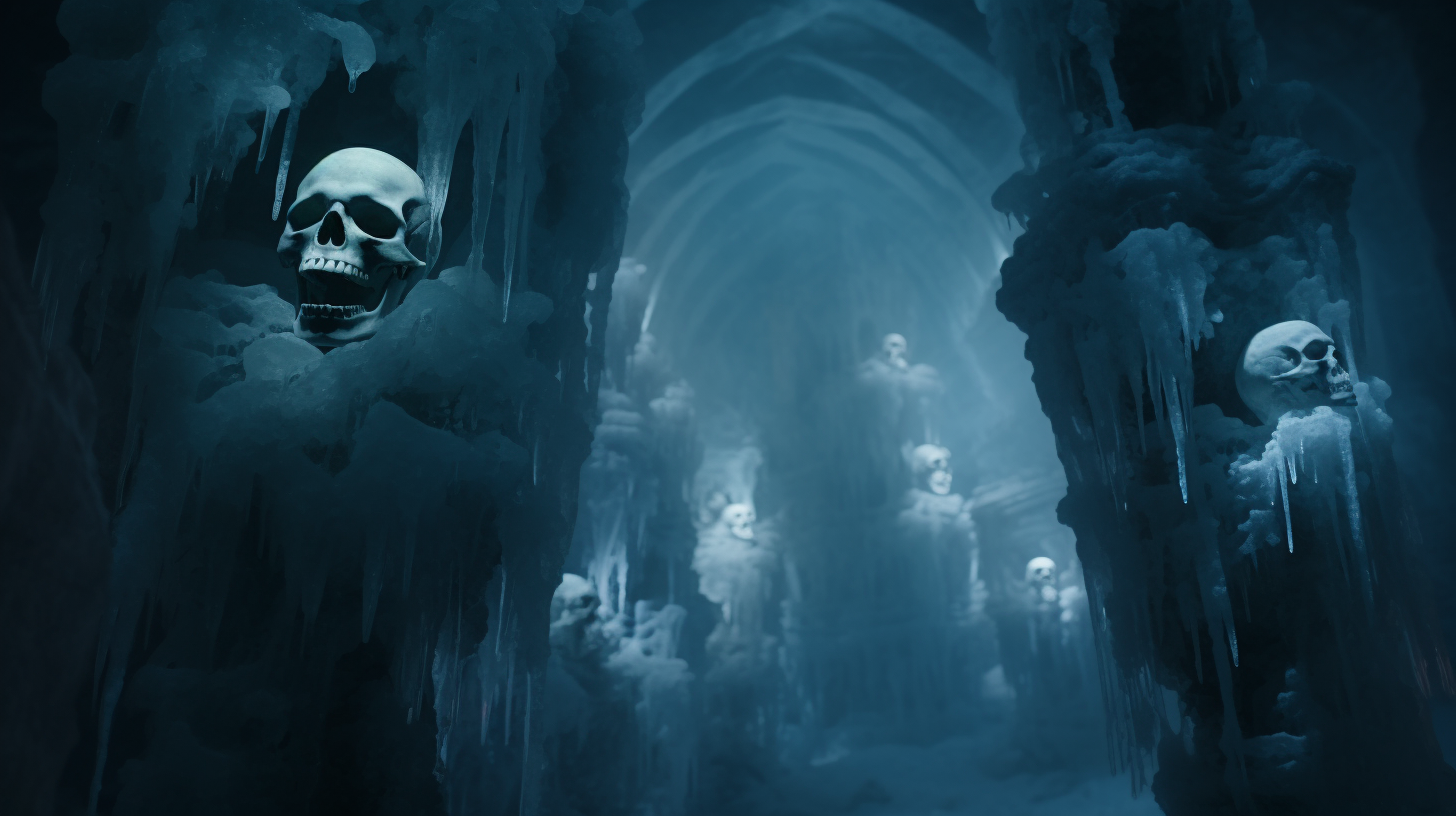 Frozen underworld with haunting mythical figures