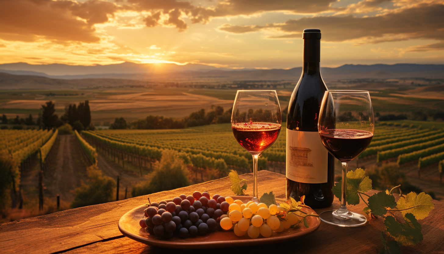 Sunset over Idaho Vineyard with Red Wine