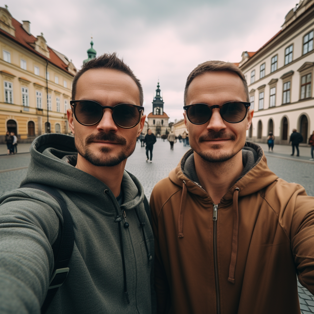 Identical twin sisters taking a selfie in Prague