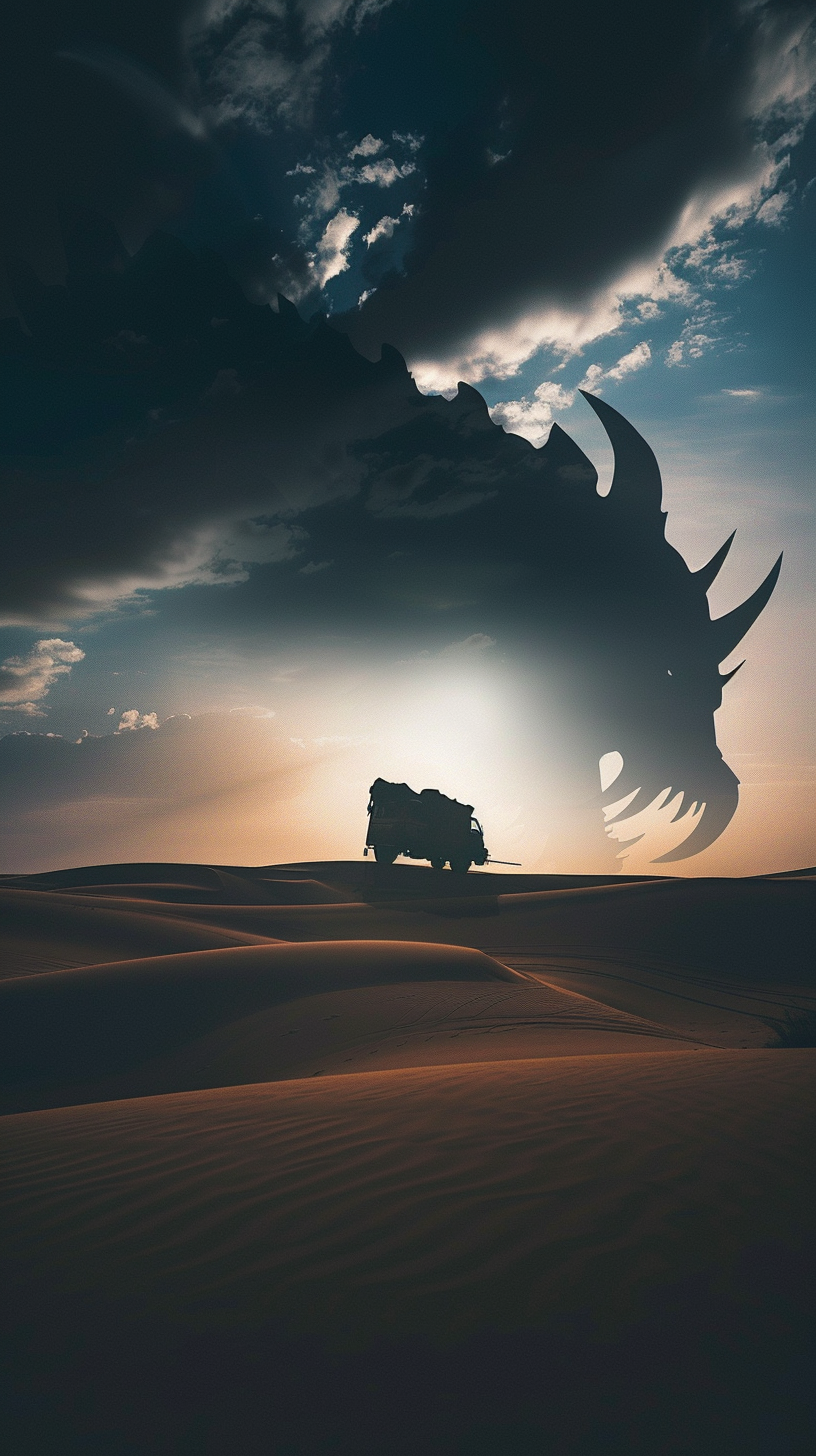 Ifrit shadow over desert caravan