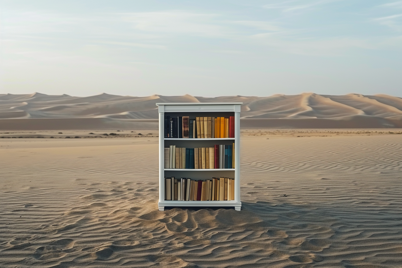 Small white bookshelf in desert sunset