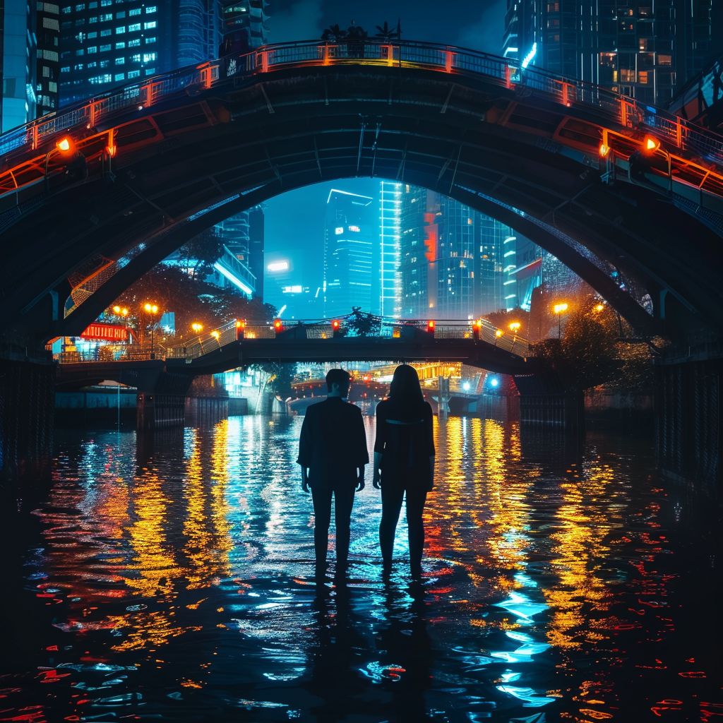 Detailed Persons Photoshoot on Illuminated Bridge