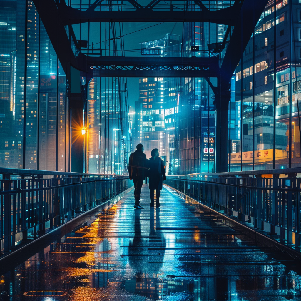 Two people meeting on bridge