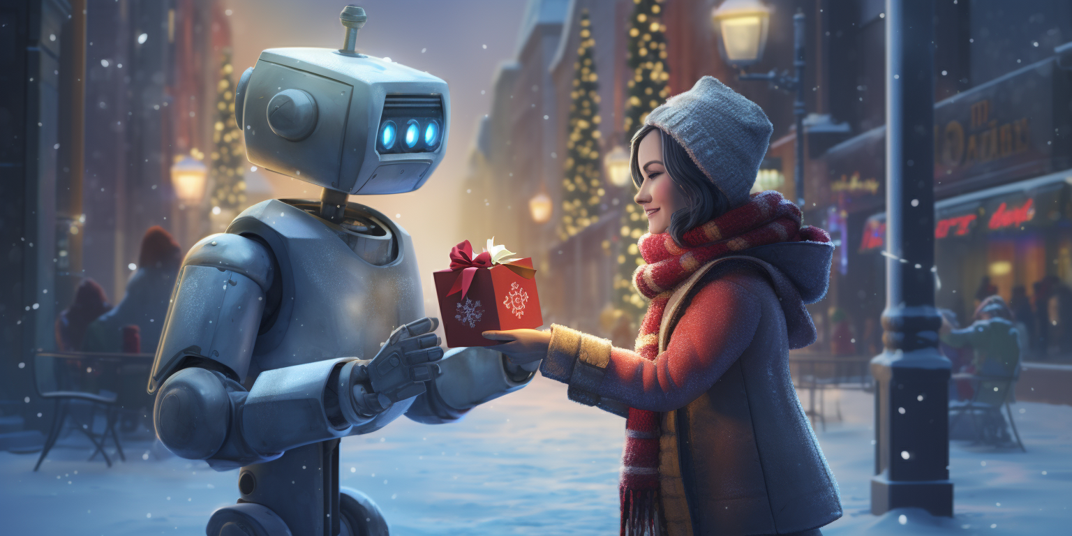 Robot handing illuminating gift to woman