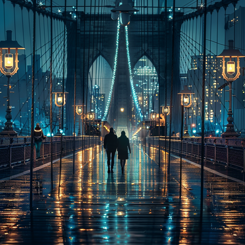 Two people meeting on illuminated bridge