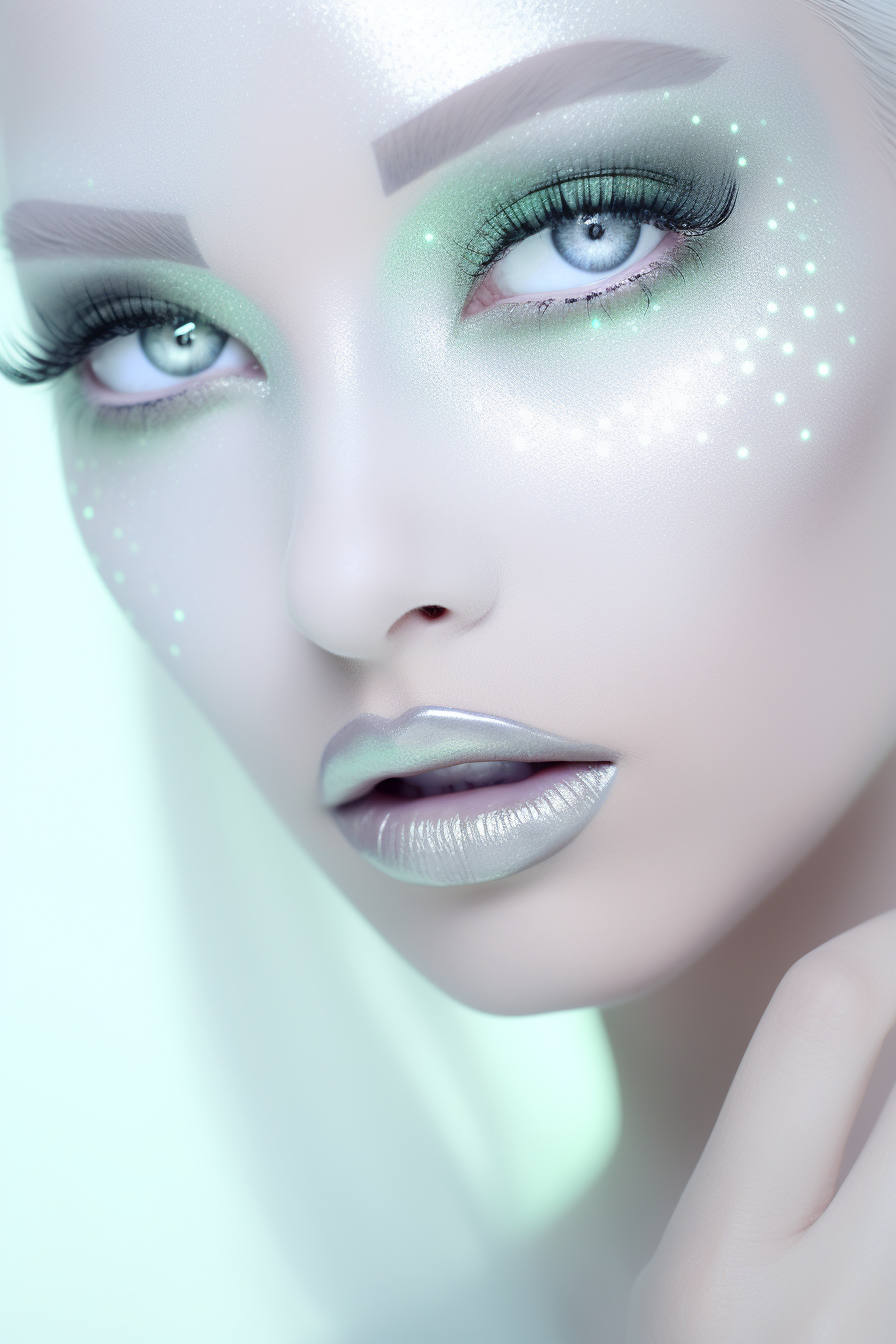 Person with illuminated subdermal biomorphic pores and mint green eye shadow