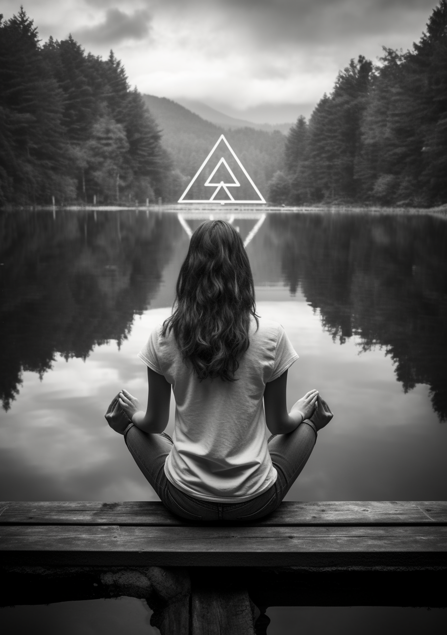 Black and white photo of a woman meditating outdoors